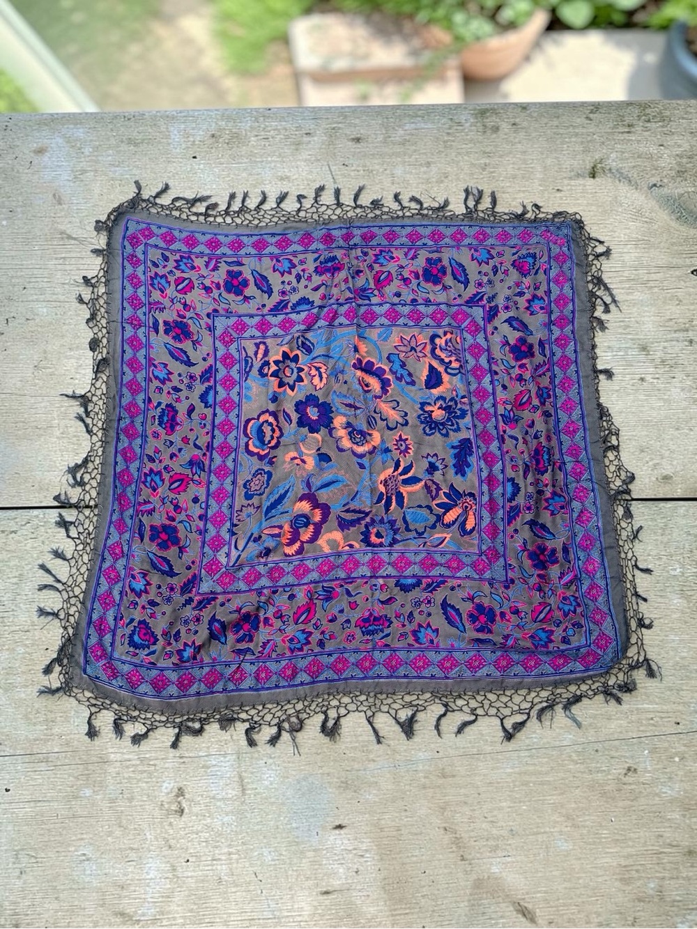 ✨ VINTAGE 1970s/80s FLORAL SQUARE SCARF | JEWEL TONES + BLACK FRINGE ✨